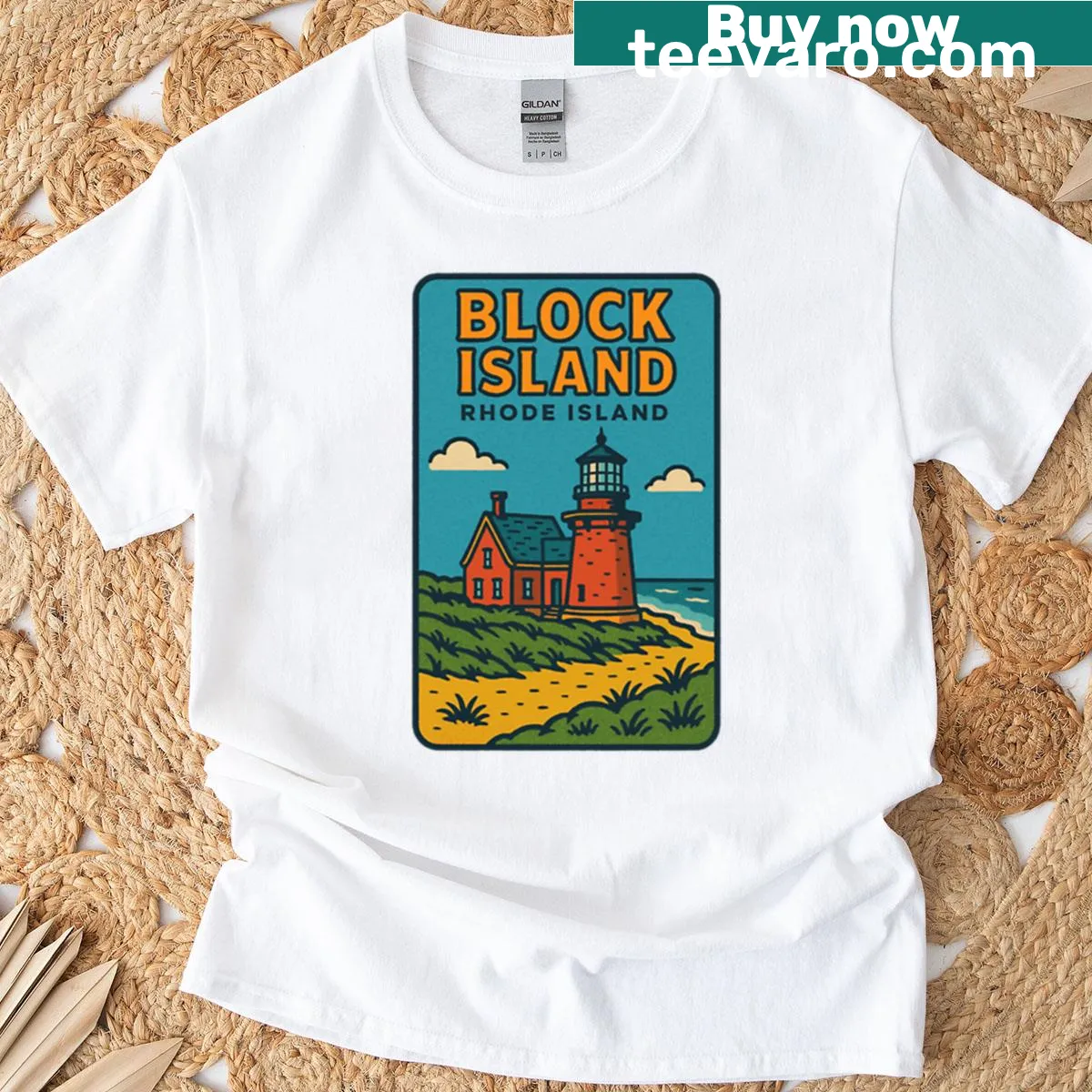 Illustrated Block Island decal T-shirt showcasing coastal charm — on a men's t-shirt