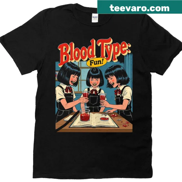 Funny vampire-themed T-shirt featuring blood type graphics.
