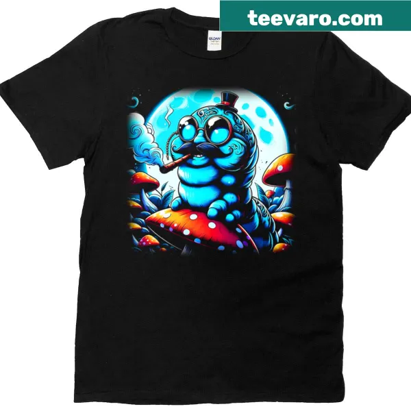 Illustrated t-shirt featuring a blue caterpillar from Alice in Wonderland