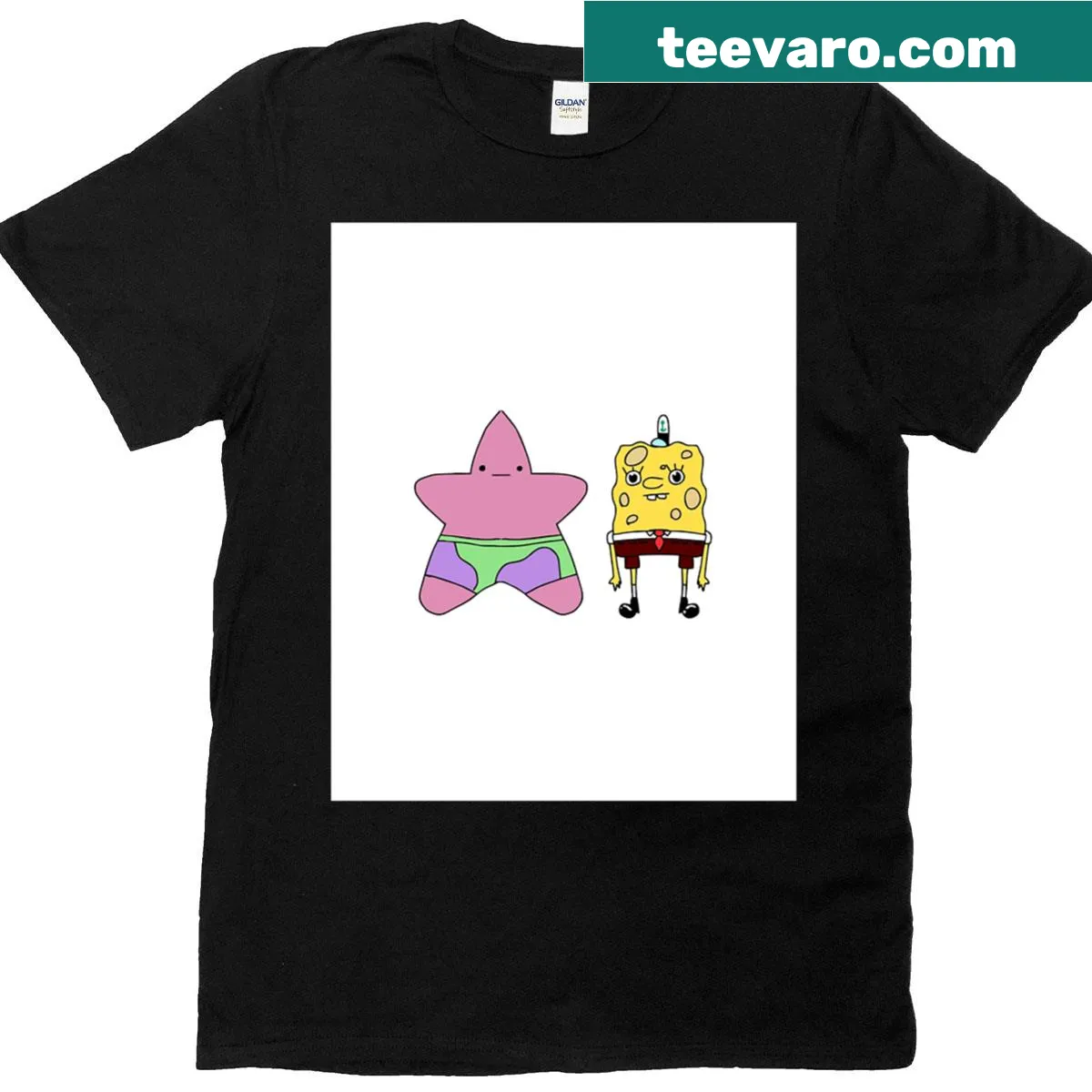 Cartoon graphic T-shirt featuring Bob Esponja and Patrick — on a men's t-shirt