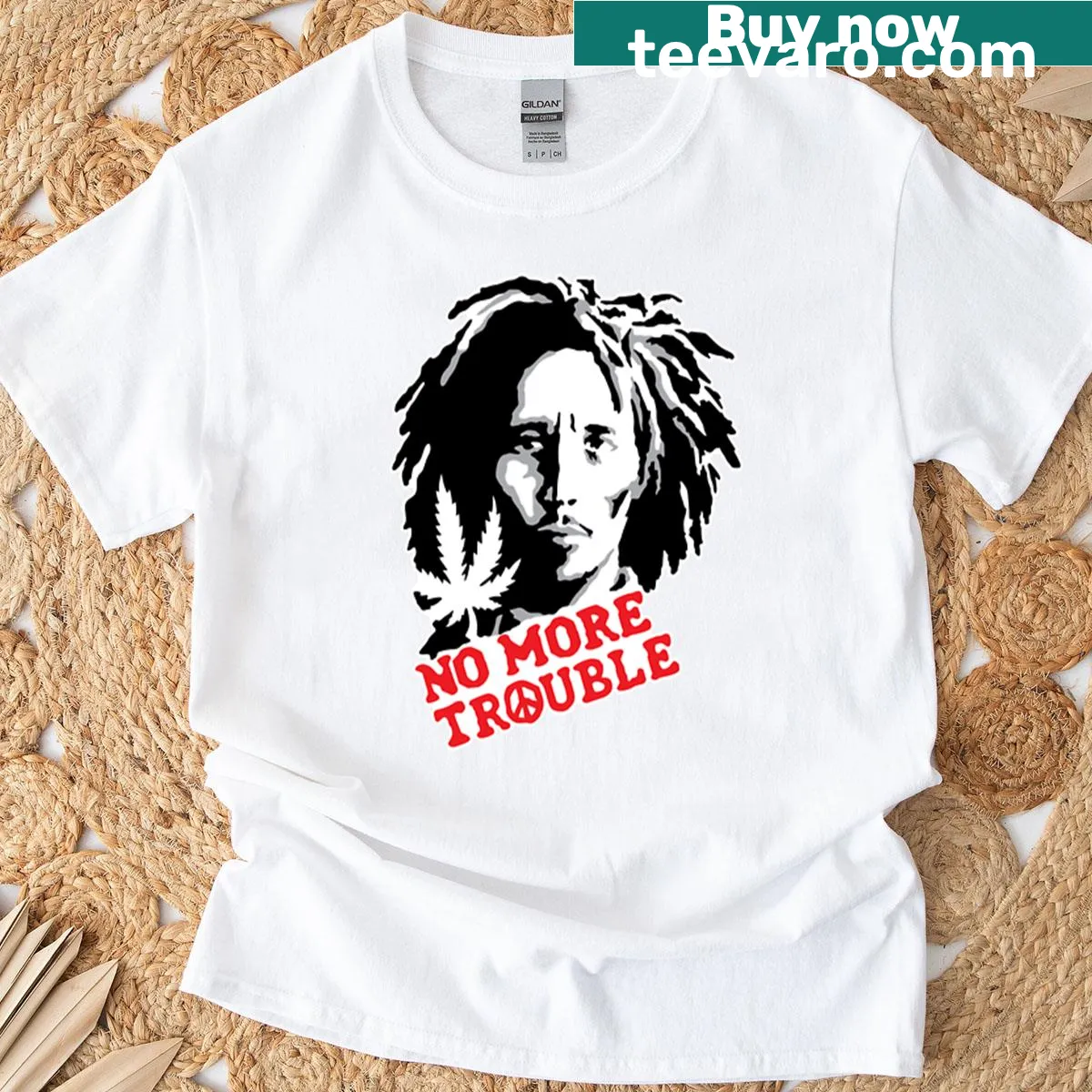 Graphic T-shirt featuring Bob Marley's No More Trouble design — on a men's t-shirt