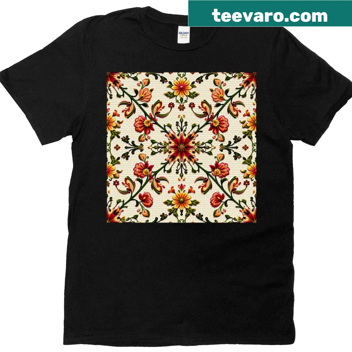 Bohemian floral embroidery pattern T-shirt. — on a men's t-shirt
