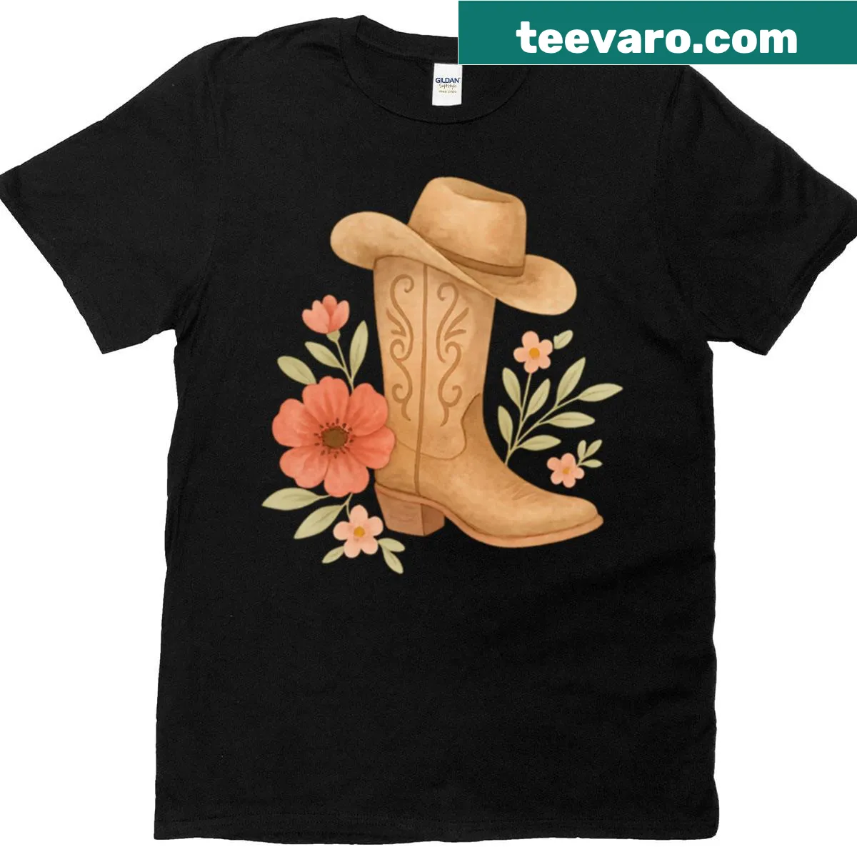 Watercolor floral cowboy boot T-shirt — on a men's t-shirt