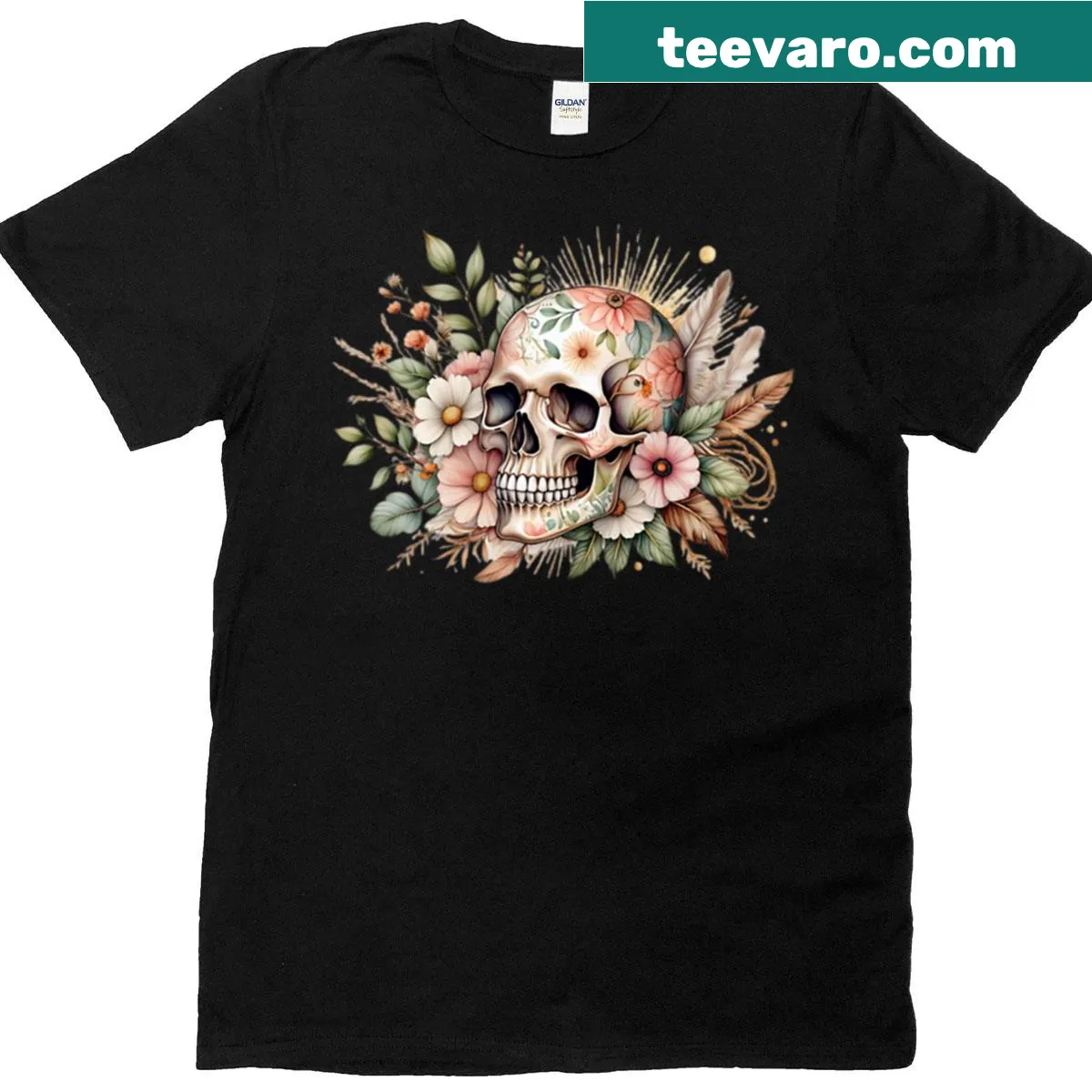 Boho floral skull illustration T-shirt, blending nature with art — on a men's t-shirt