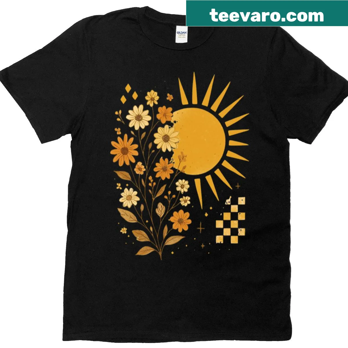 Oversized T-shirt with retro wildflower illustration and sun design — on a men's t-shirt