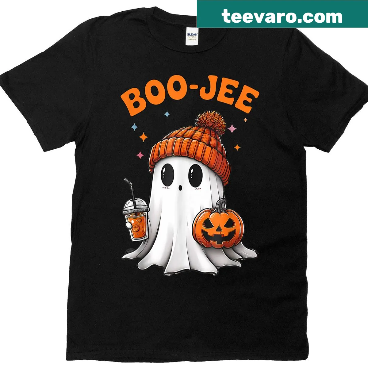 Cute ghost Halloween T-shirt with pumpkins and funny design — on a men's t-shirt