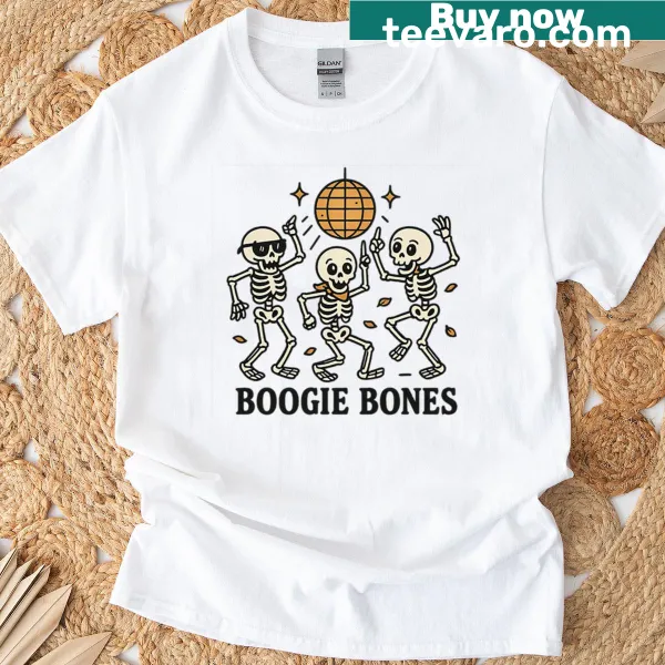 Dancing skeletons Halloween disco party illustration on oversized t-shirt