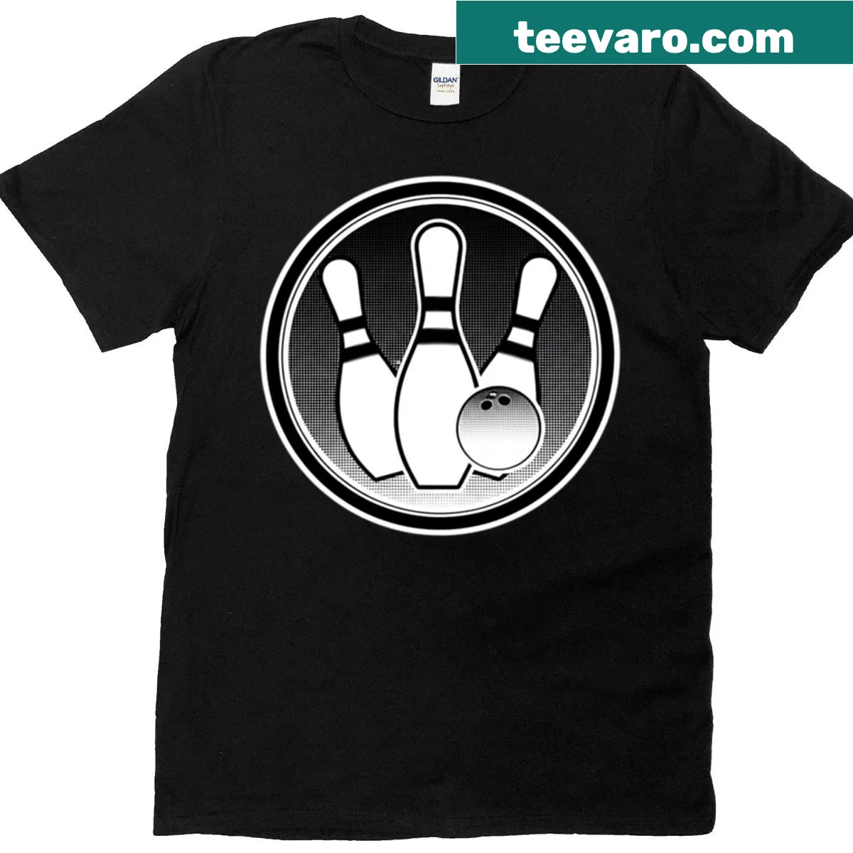 Minimalist T-shirt featuring a bowling pin and ball design — on a men's t-shirt
