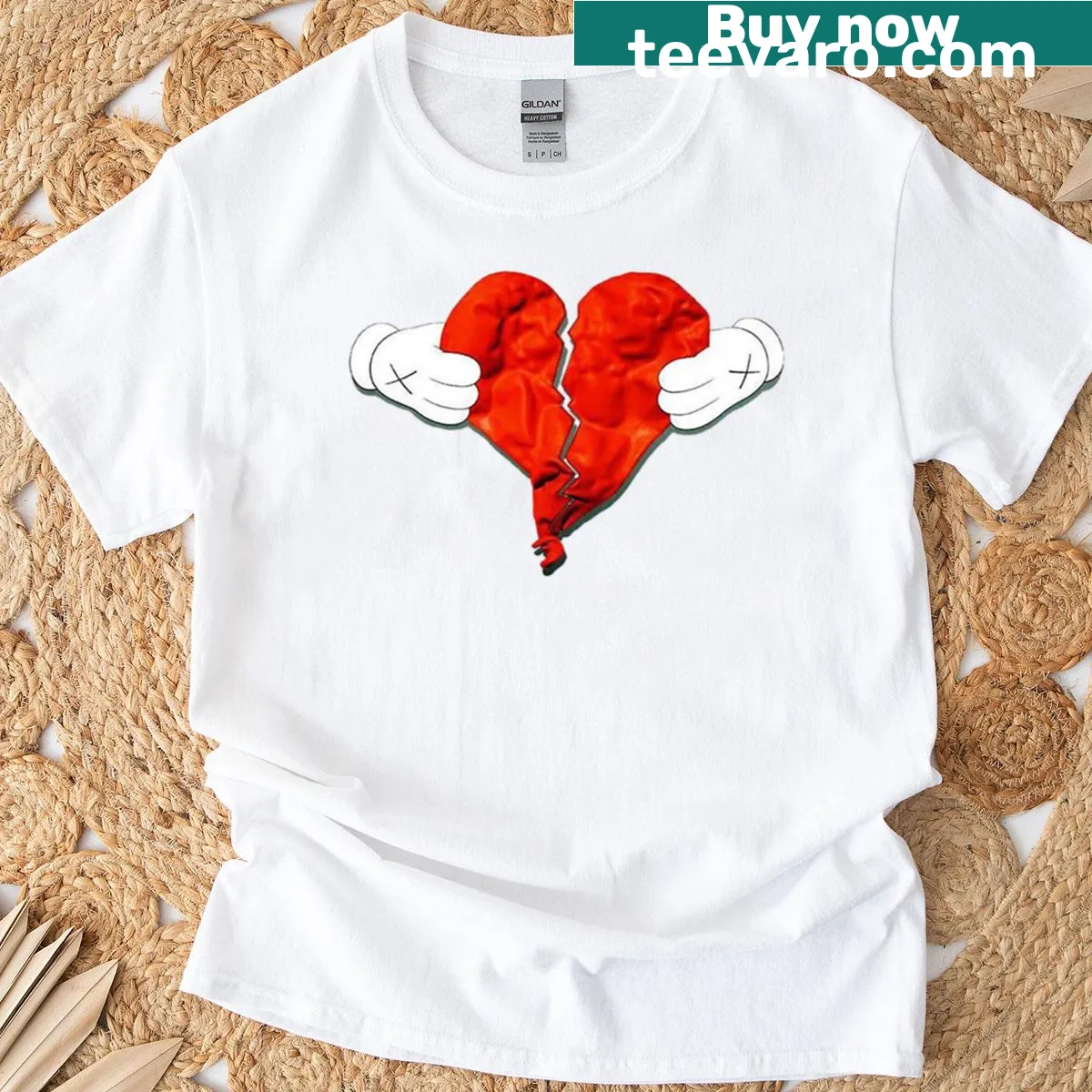 Humorous broken heart graphic T-shirt design — on a men's t-shirt