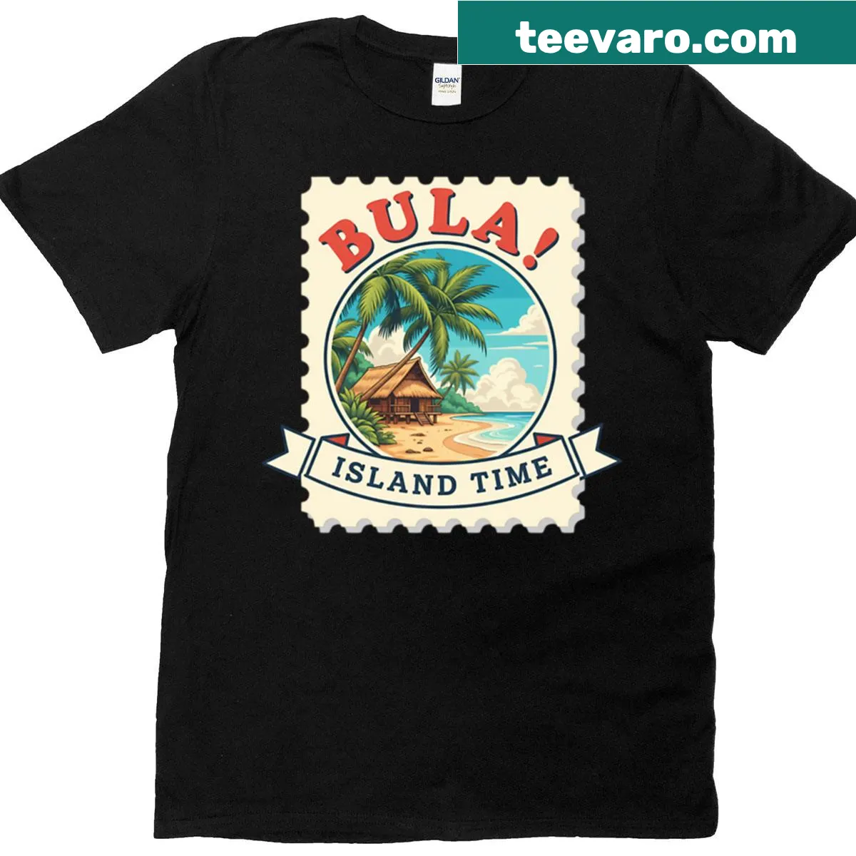 Vintage travel stamp design featuring the phrase 'Bula, It's Island Time.' — on a men's t-shirt