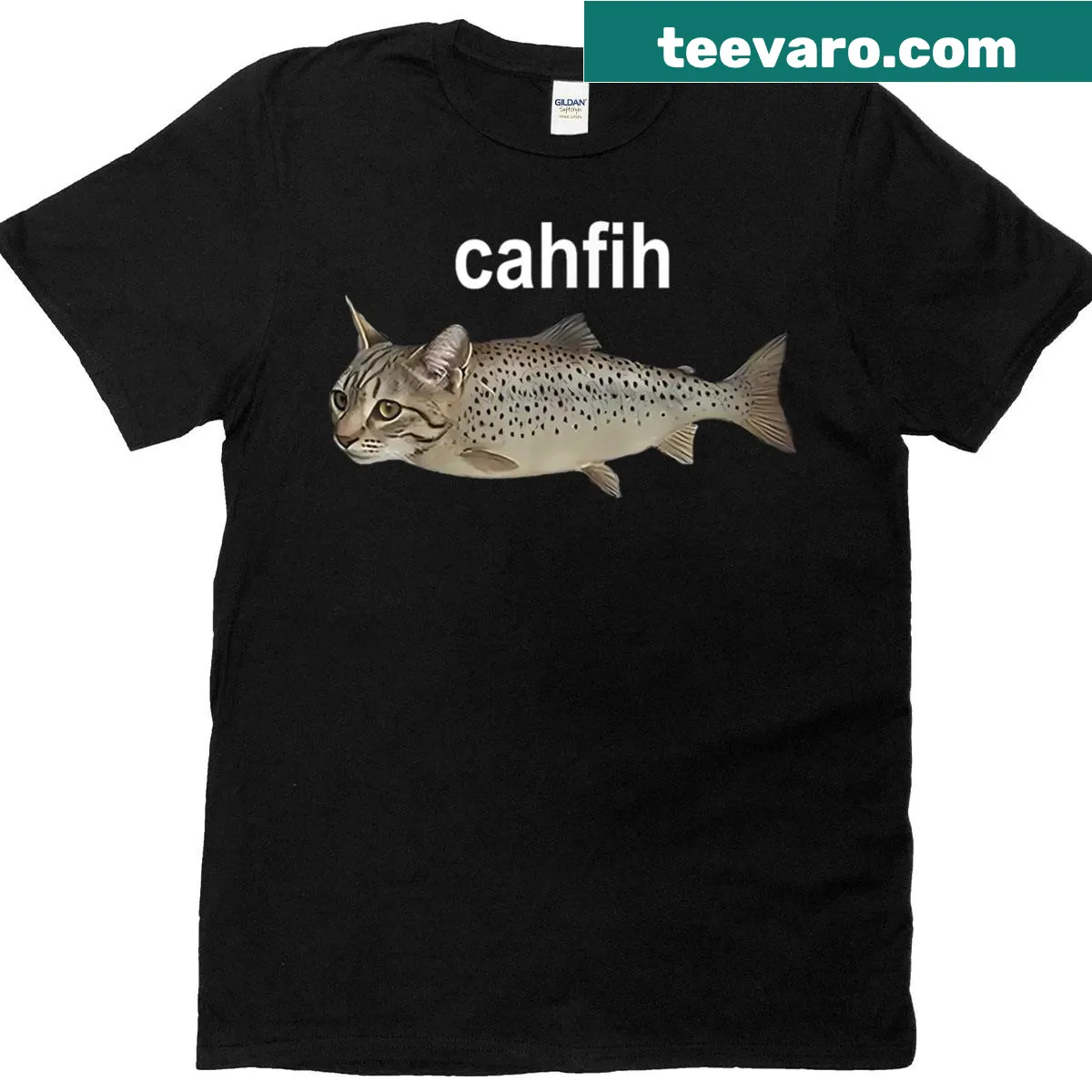 Funny T-shirt featuring a misspelled 'catfish' with cartoon fish design — on a men's t-shirt