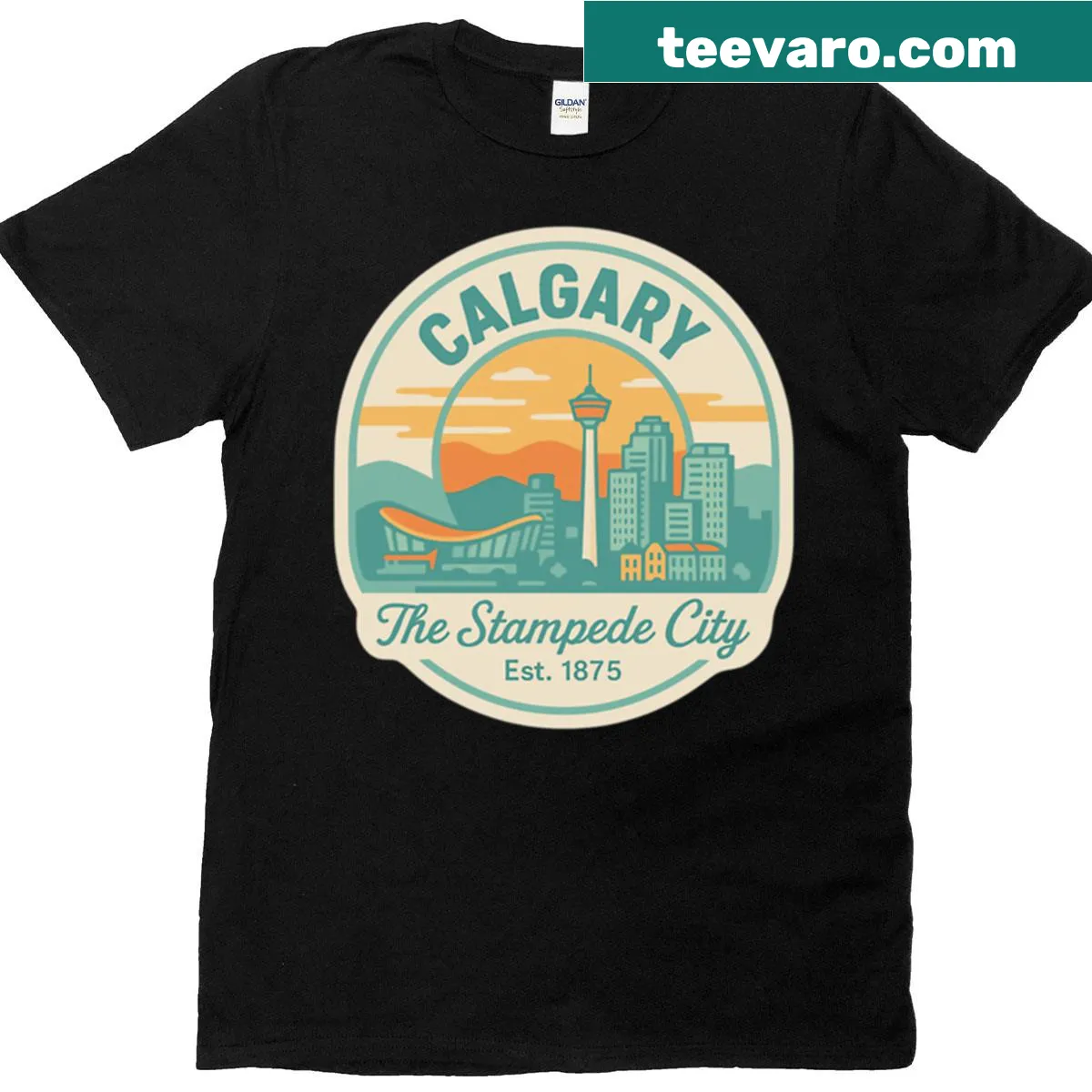 Vintage Calgary skyline T-shirt with Est 1875 text — on a men's t-shirt