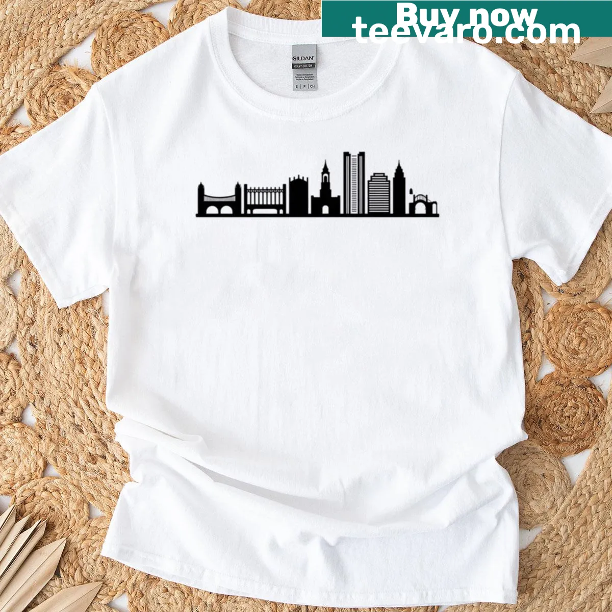 Retro collegiate style Cambridge Massachusetts sticker graphic t-shirt — on a men's t-shirt