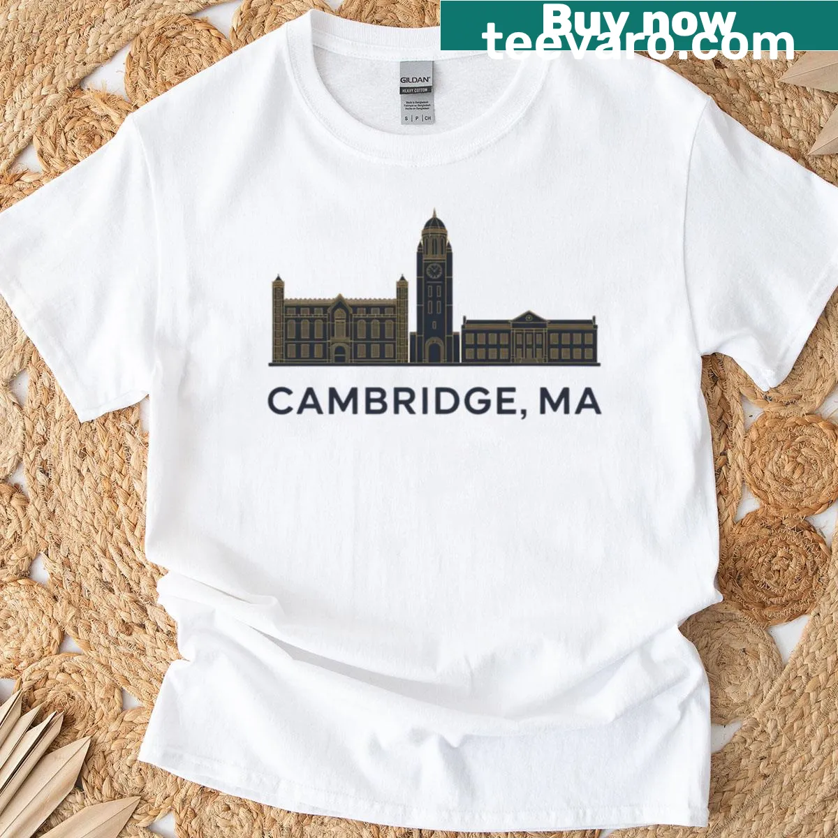 Vintage skyline graphic of Cambridge Massachusetts on t-shirt — on a men's t-shirt