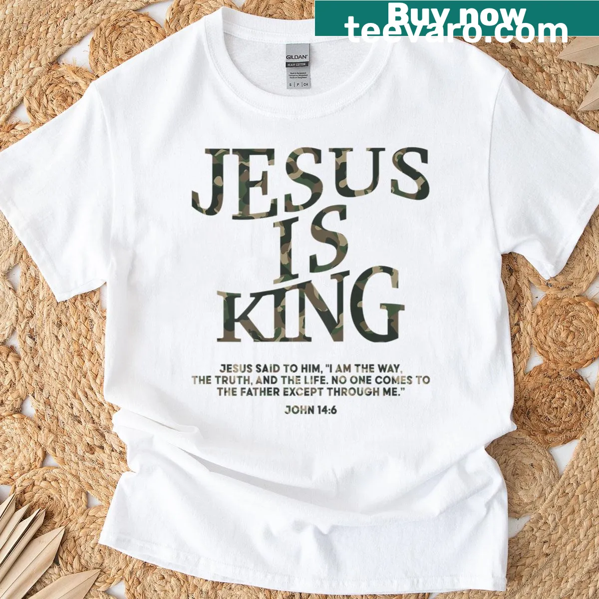 Camo patterned T-shirt with 'Jesus Is King' text for men — on a men's t-shirt