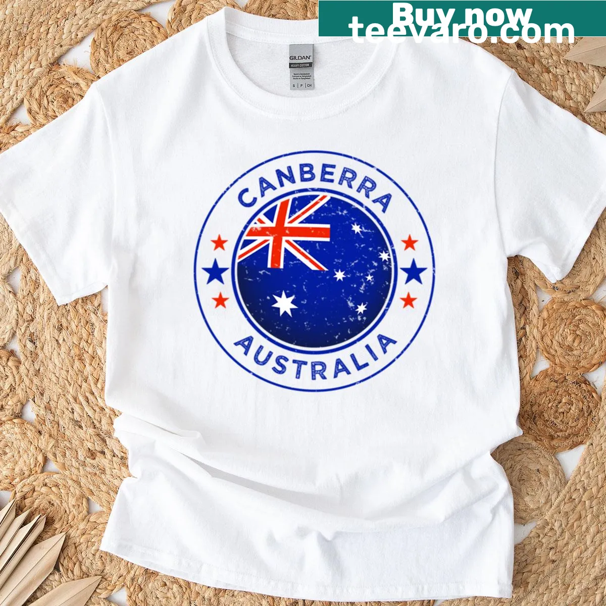 Vintage flag emblem design representing Canberra, Australia — on a men's t-shirt