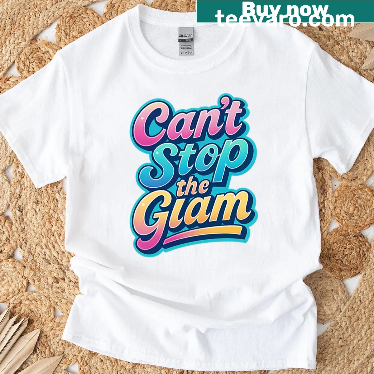 Retro typography shirt with 'Cant Stop The Glam' text design — on a men's t-shirt