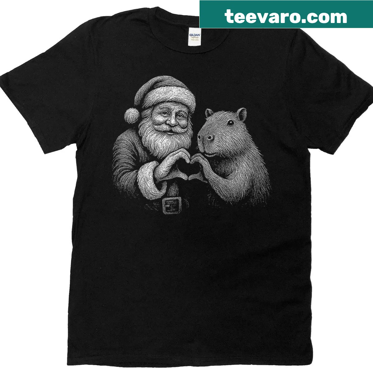 Christmas T-shirt featuring a Santa capybara in a heart shape. — on a men's t-shirt