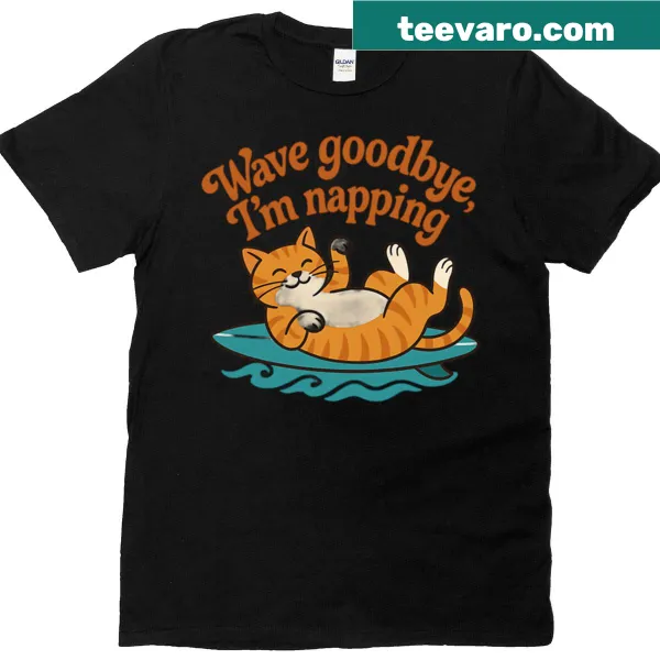 A playful cat on a surfboard waving goodbye in a fun illustration