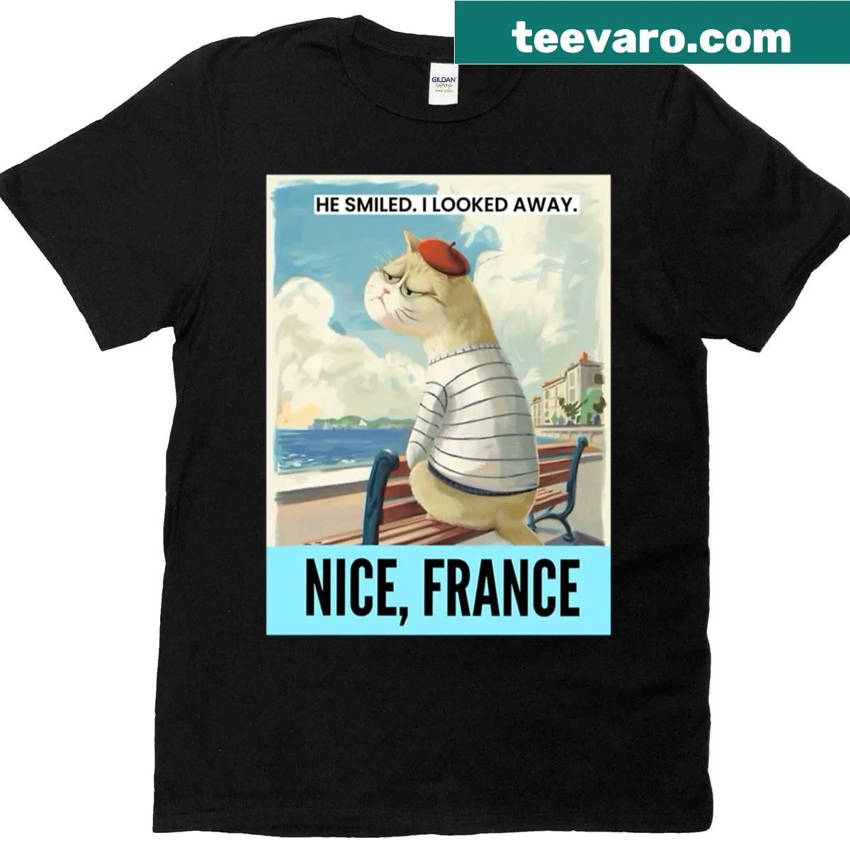 Travel art T-shirt featuring a cat on a promenade — on a men's t-shirt
