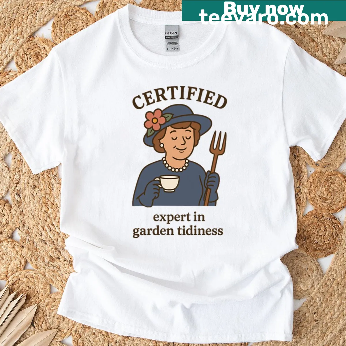 Funny T-shirt with 'Certified Expert In Garden Tidiness' text and hyacinth illustration — on a men's t-shirt
