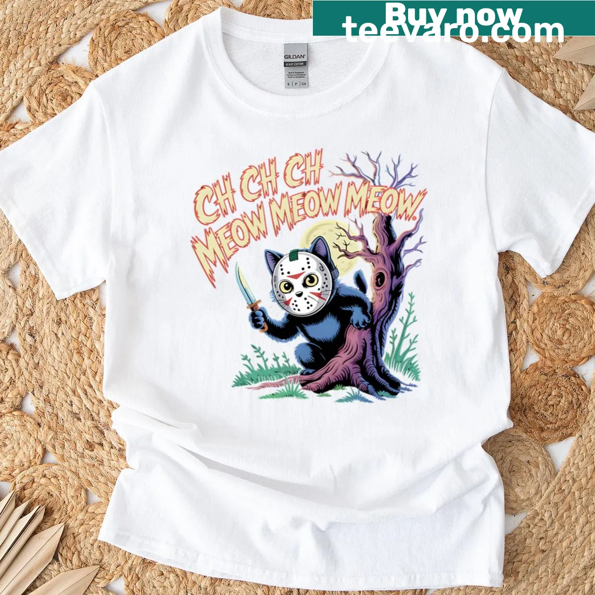 Vintage Halloween horror cat cartoon graphic t-shirt — on a men's t-shirt