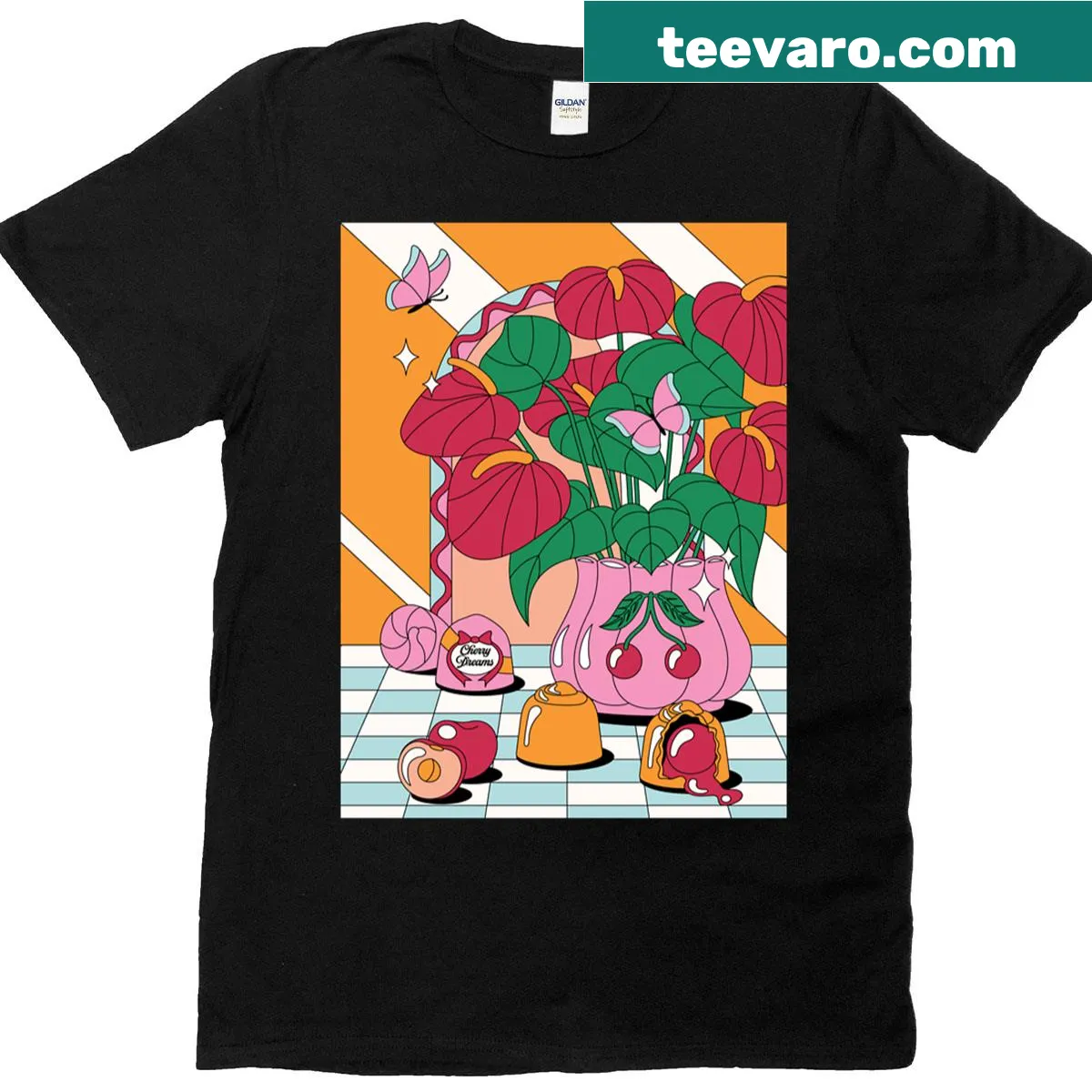 Retro illustration of chocolate bonbons with flamingos and flowers — on a men's t-shirt
