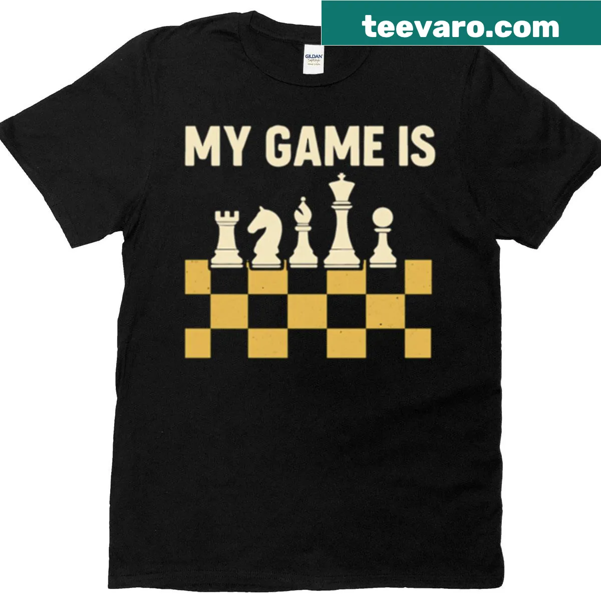 Minimalistic T-shirt with black and white chess design — on a men's t-shirt