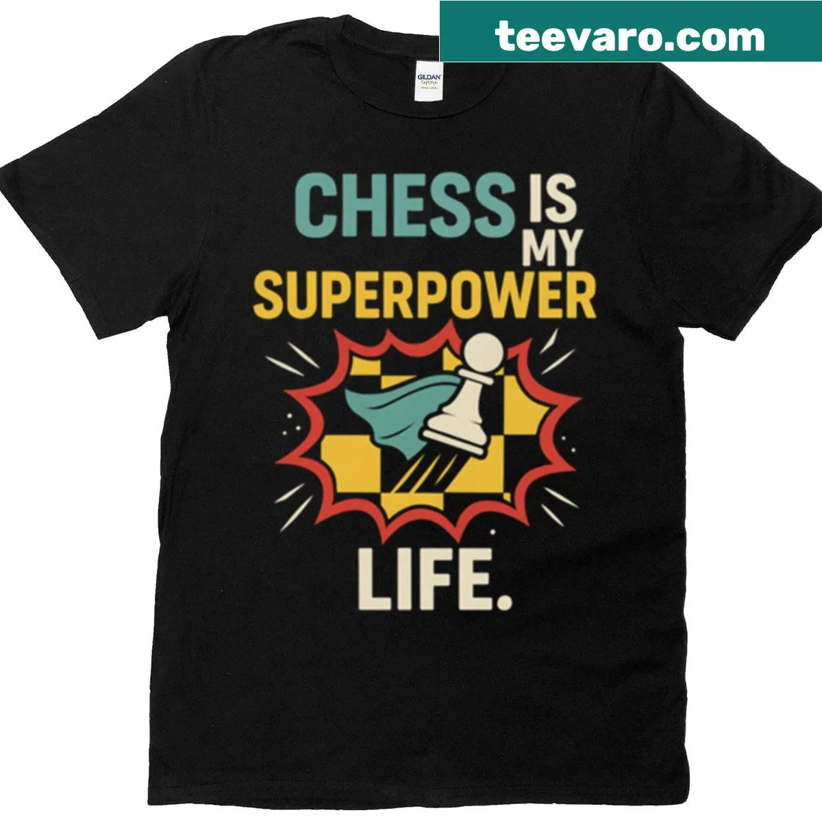 Funny T-shirt with text 'Chess Is My Superpower' for chess lovers — on a men's t-shirt