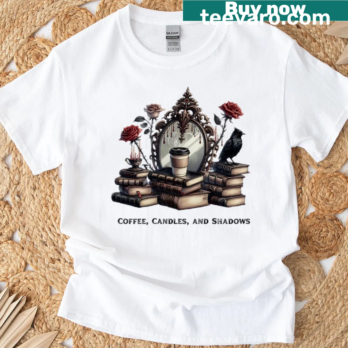 Vintage-style T-shirt with gothic text and cozy illustrations — on a men's t-shirt