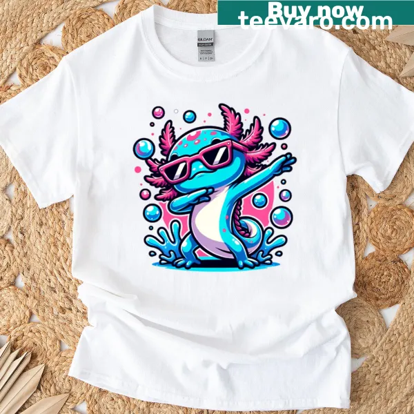 Cute axolotl graphic in sunglasses on a T-shirt