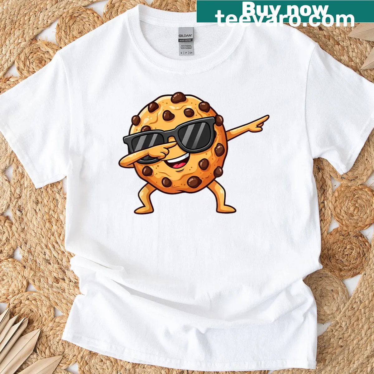 Cartoon cookie dabbing on a kids T-shirt, featuring chocolate chips — on a men's t-shirt