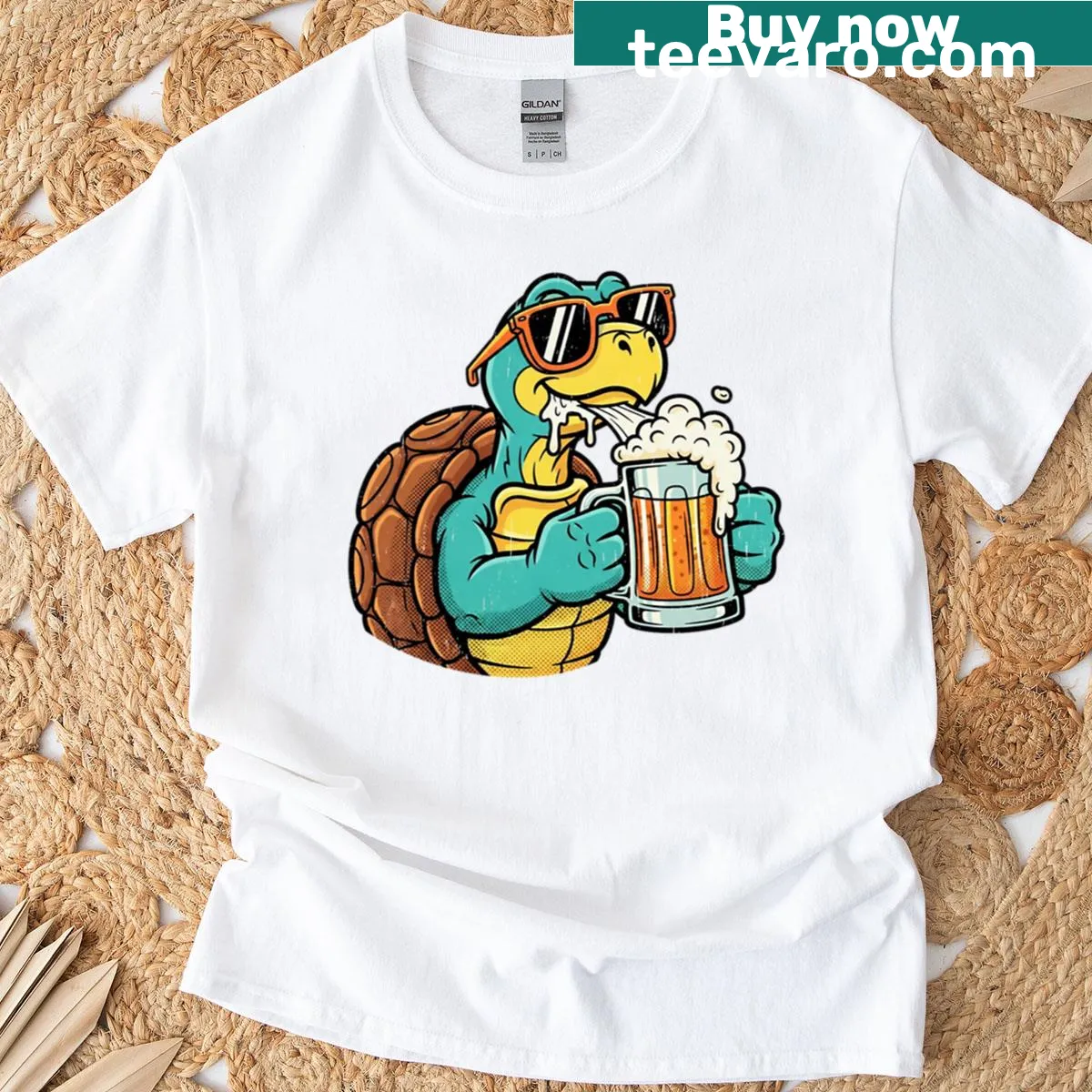 Cartoon turtle in sunglasses and beer graphic — on a men's t-shirt