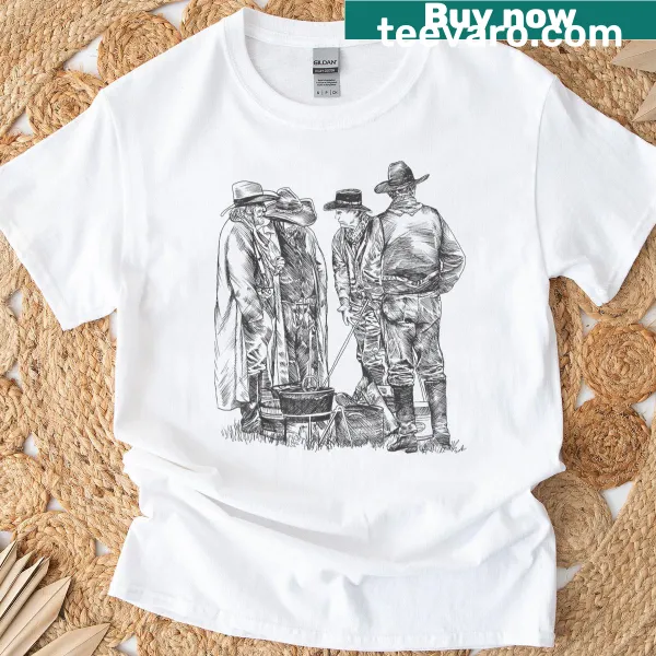 Illustration of cowboys around a campfire on a T-shirt