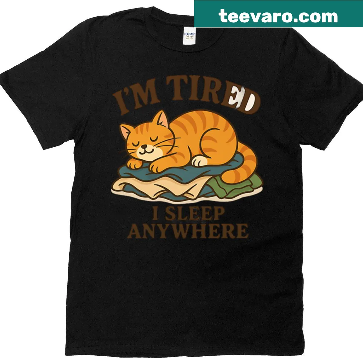 Adorable oversized t-shirt featuring a cozy orange kawaii cat illustration — on a men's t-shirt