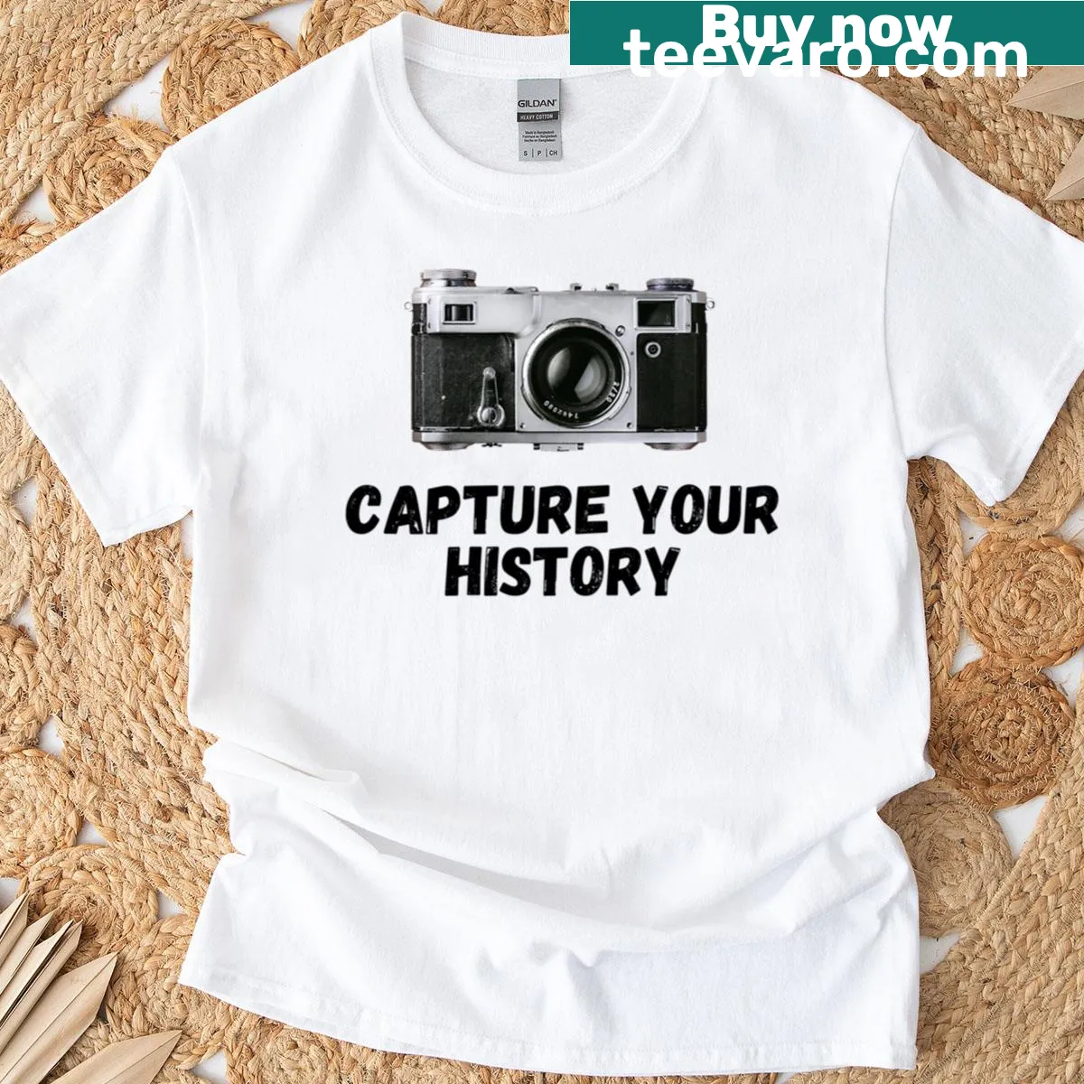Vintage photography camera graphic T-shirt — on a men's t-shirt