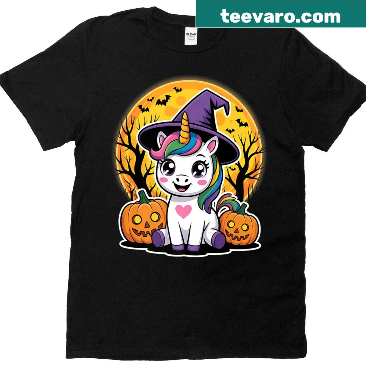 Halloween-themed T-shirt featuring a witchy unicorn — on a men's t-shirt