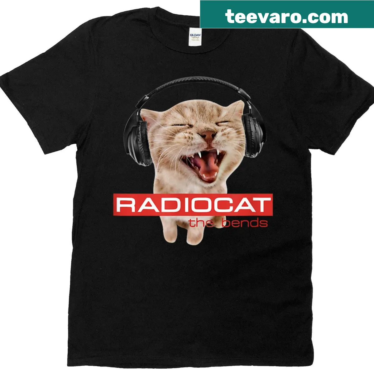 Cartoon cat with headphones graphic on a T-shirt — on a men's t-shirt