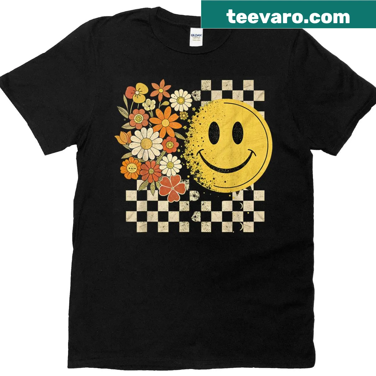 Checkered T-shirt with smiley face flowers design — on a men's t-shirt