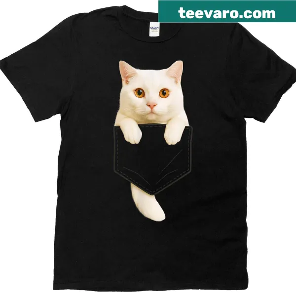 Cute white cat pocket design on t-shirt for cat lovers