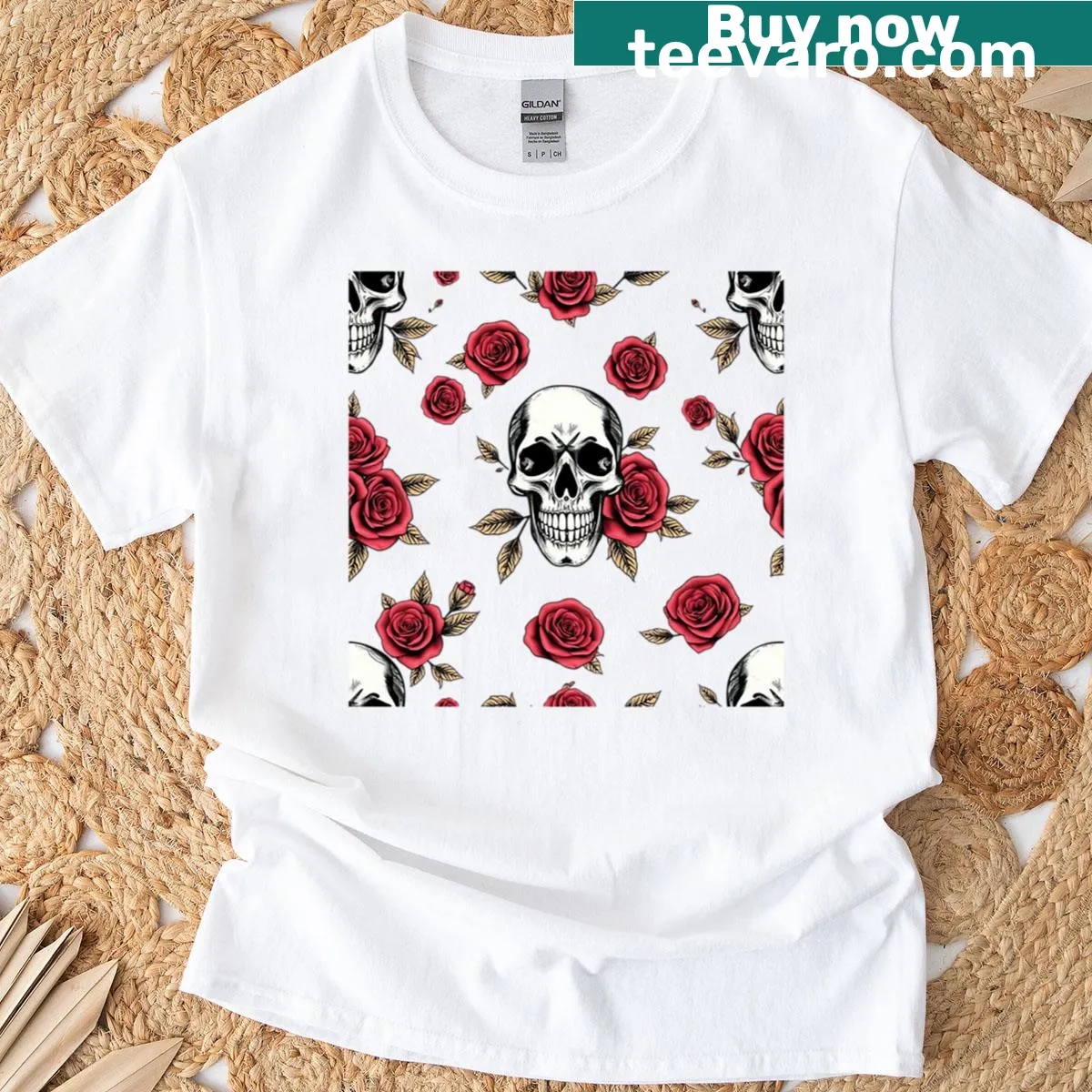 Haunting skull and roses Halloween design T-shirt — on a men's t-shirt