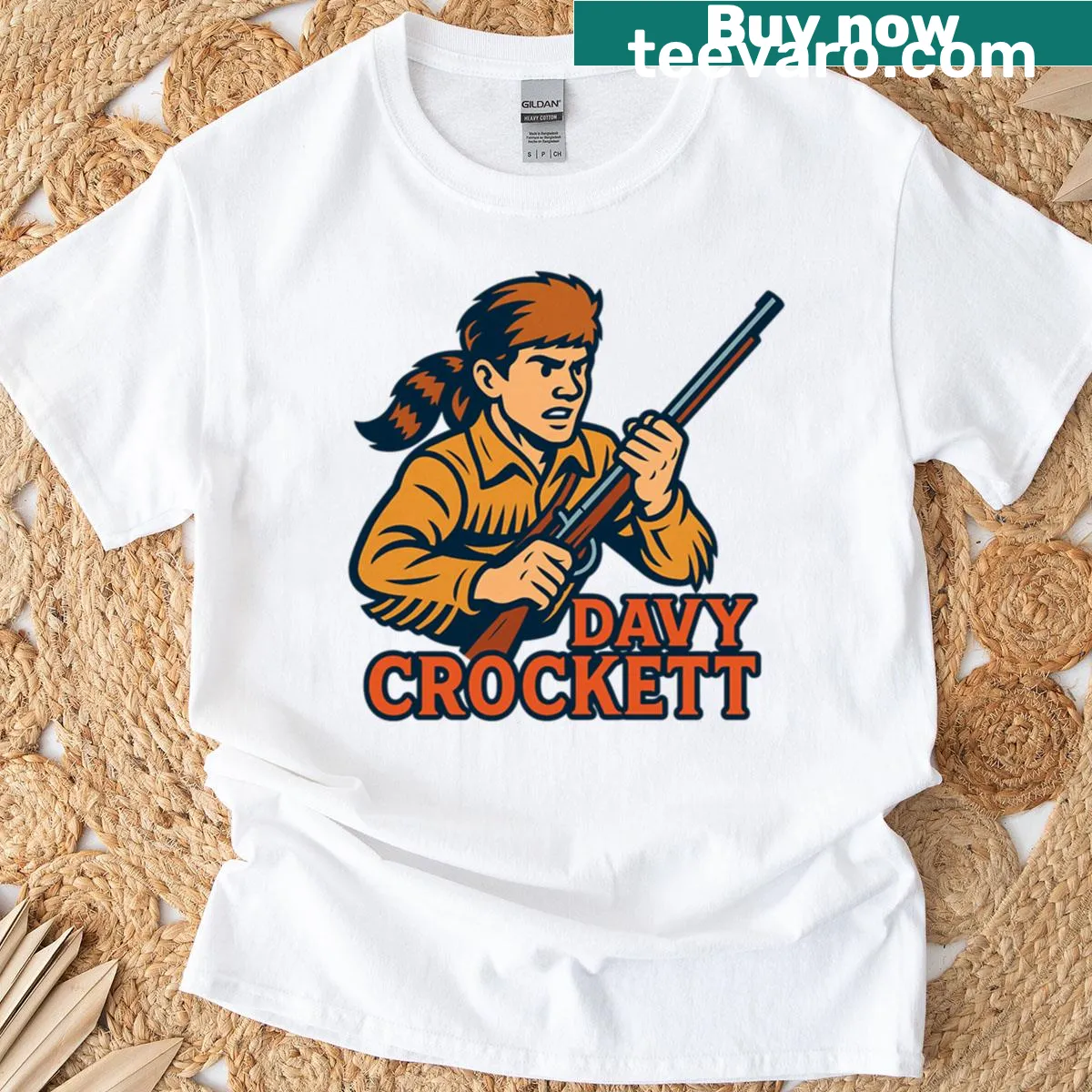 Cartoon Davy Crockett graphic t-shirt featuring Texas frontiersman design — on a men's t-shirt