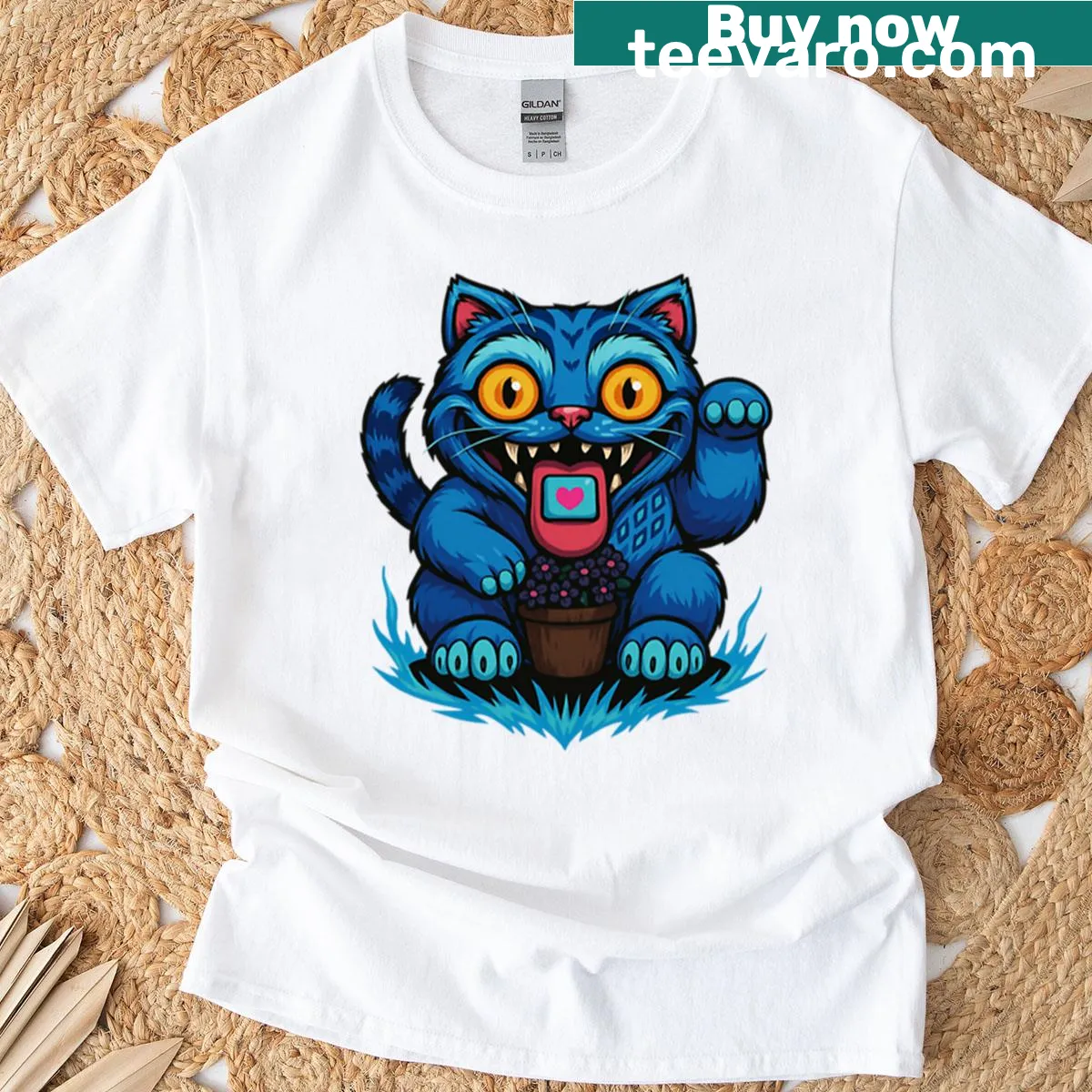 Derpy Demon Blue Tiger Maneki-neko shirt with cartoon design — on a men's t-shirt