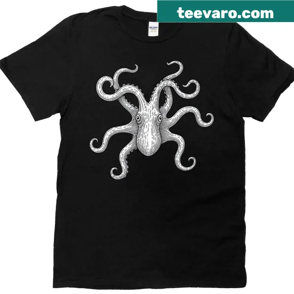 Black and white octopus illustration graphic T-shirt