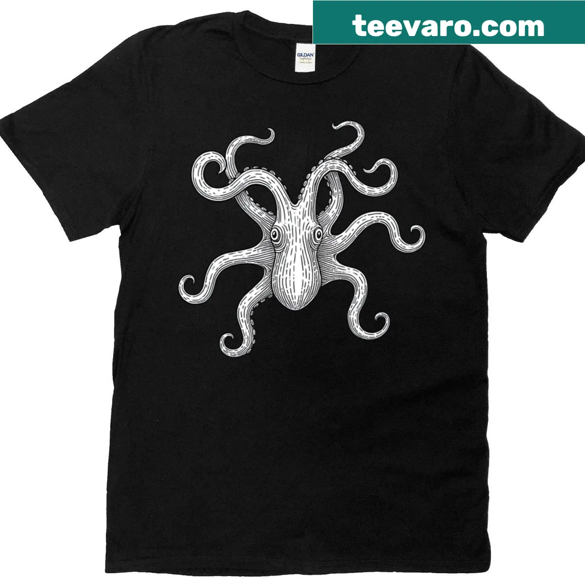 Black and white octopus illustration graphic T-shirt — on a men's t-shirt