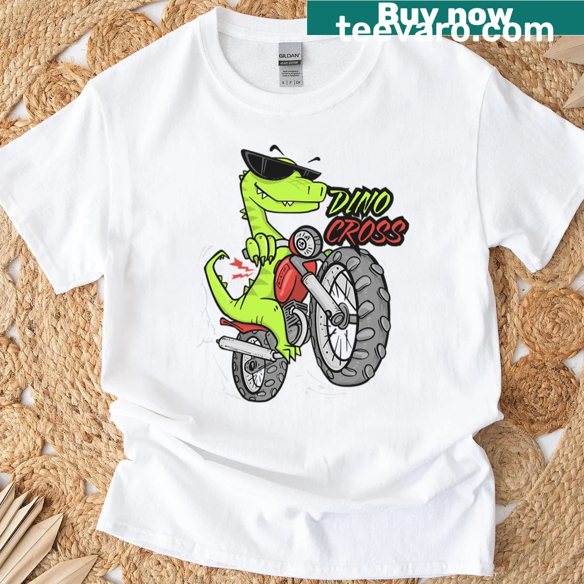 Cartoon raptor rider graphic T-shirt designed for kids — on a men's t-shirt