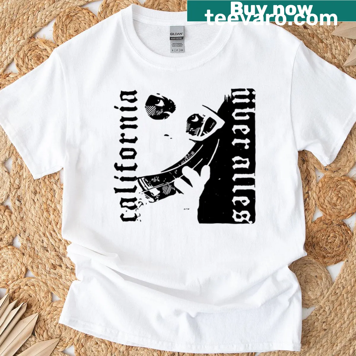 Distressed California punk art graphic T-shirt with rebellious design — on a men's t-shirt