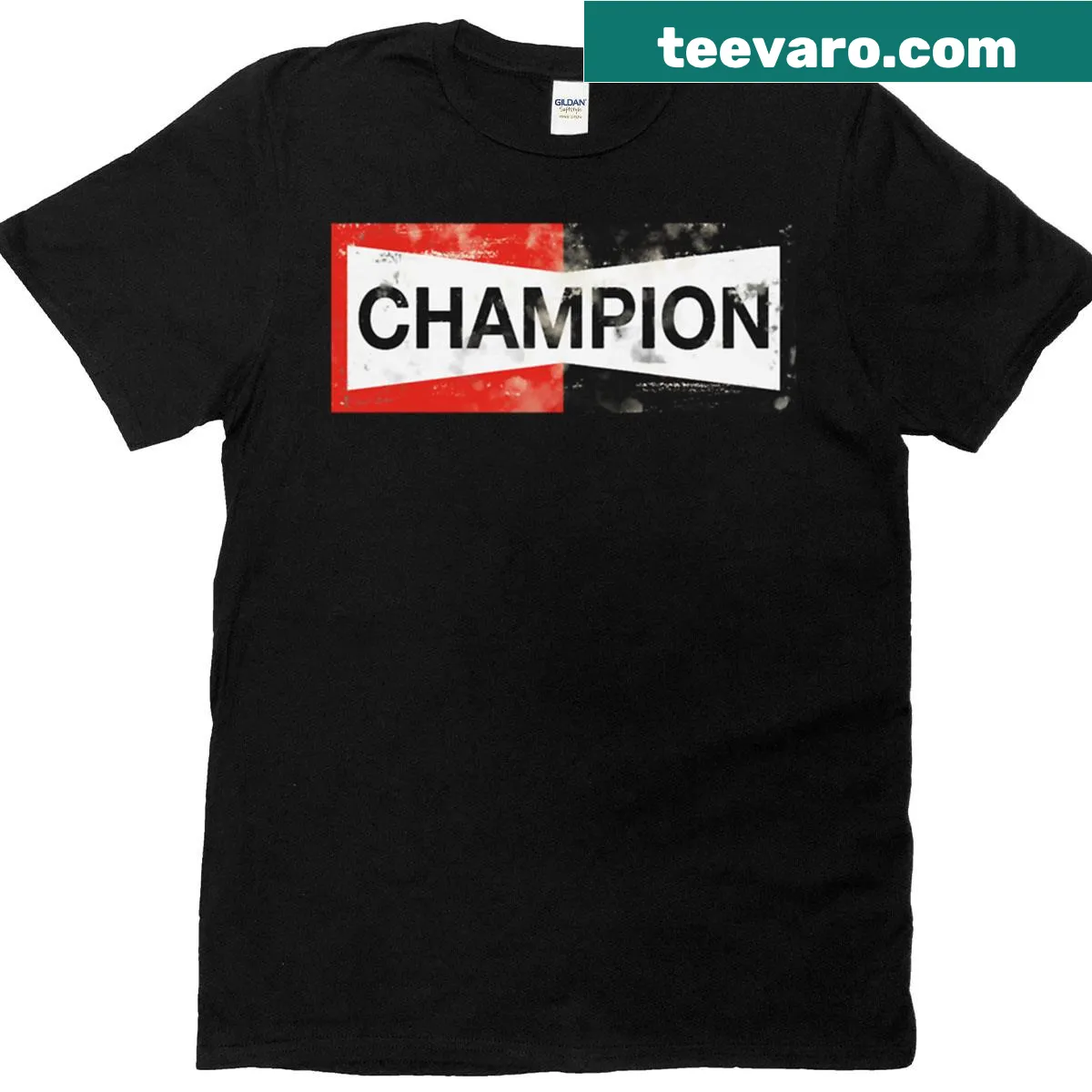 Retro distressed Cliff Booth t-shirt with Champion spark plugs graphic — on a men's t-shirt