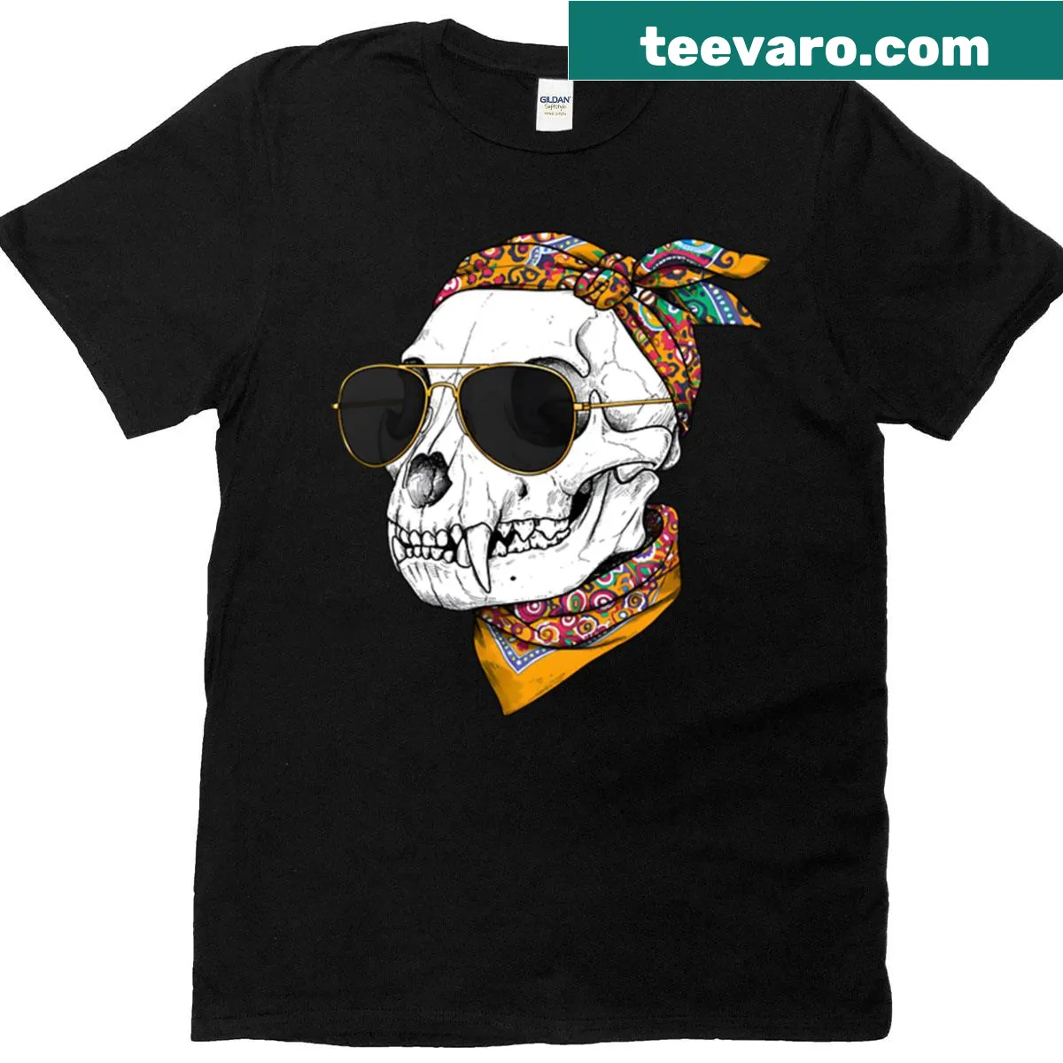 Dog skull graphic with bandana and sunglasses in a retro style — on a men's t-shirt