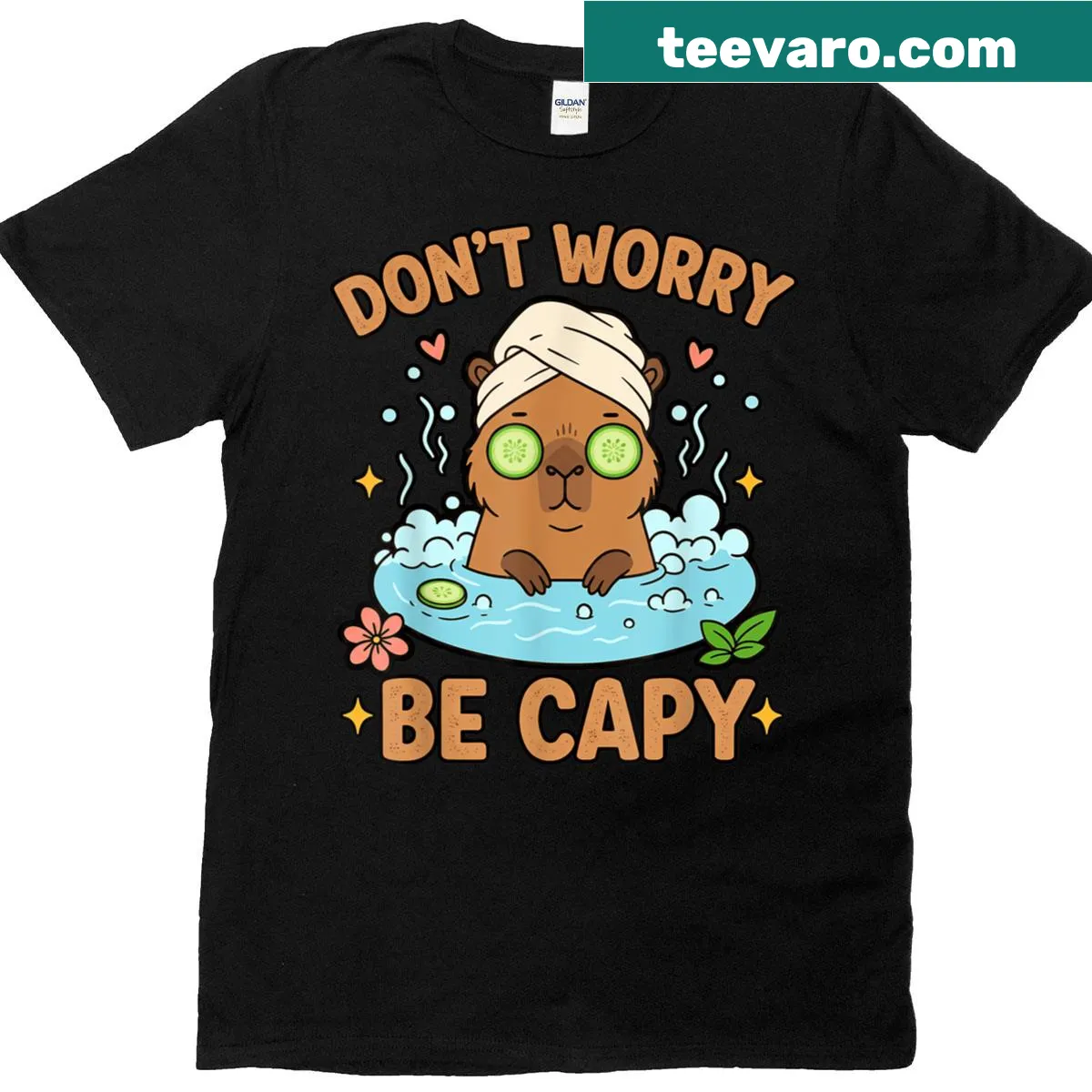Cute capybara illustration with 'Don't Worry Be Capy' on T-shirt — on a men's t-shirt